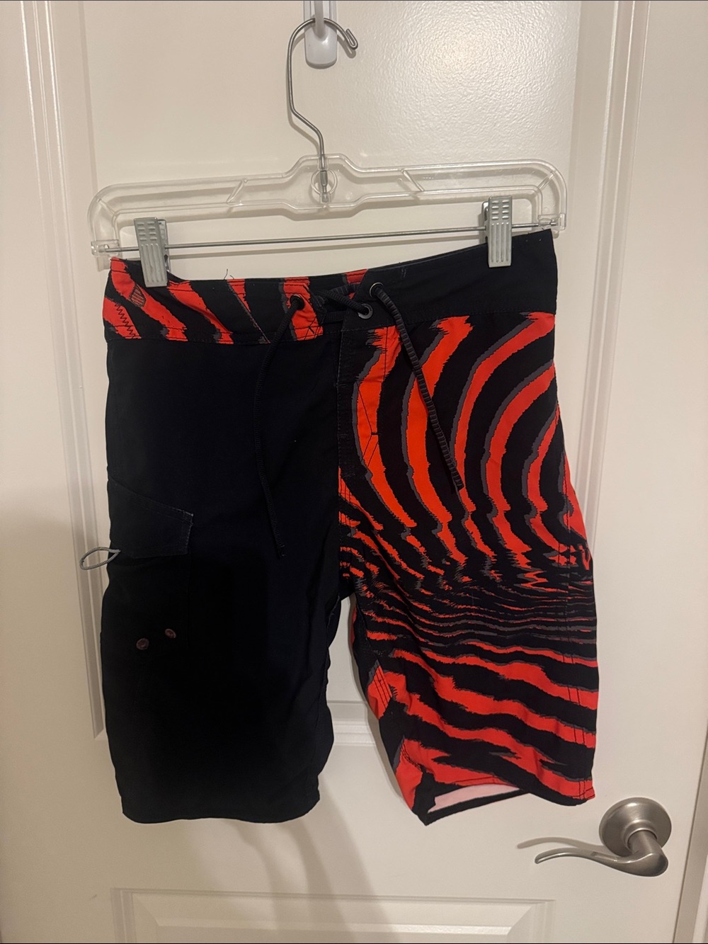Boys Black & Red Wave-Print Board Shorts - Swim Trunks